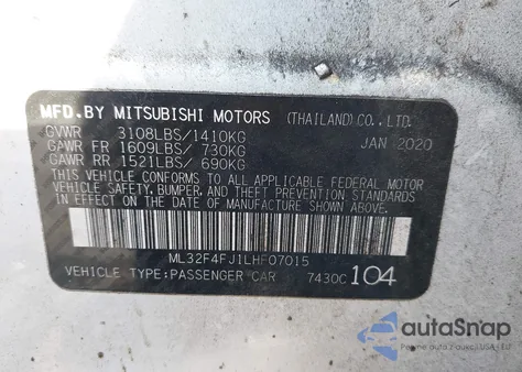 2020 Mitsubishi Mirage G4 Le из США, поврежденный, VIN ML32F4FJ1LHF07015